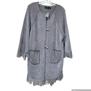 Vintage chenille knit fringe Long cape/sweater/cardigan embroidery Gray/Lavender